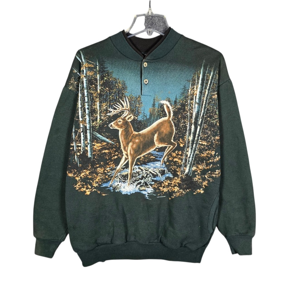 Vintag Art Unlimit Crewneck Mens Large Deer 90s All Over Print Henley USA Green